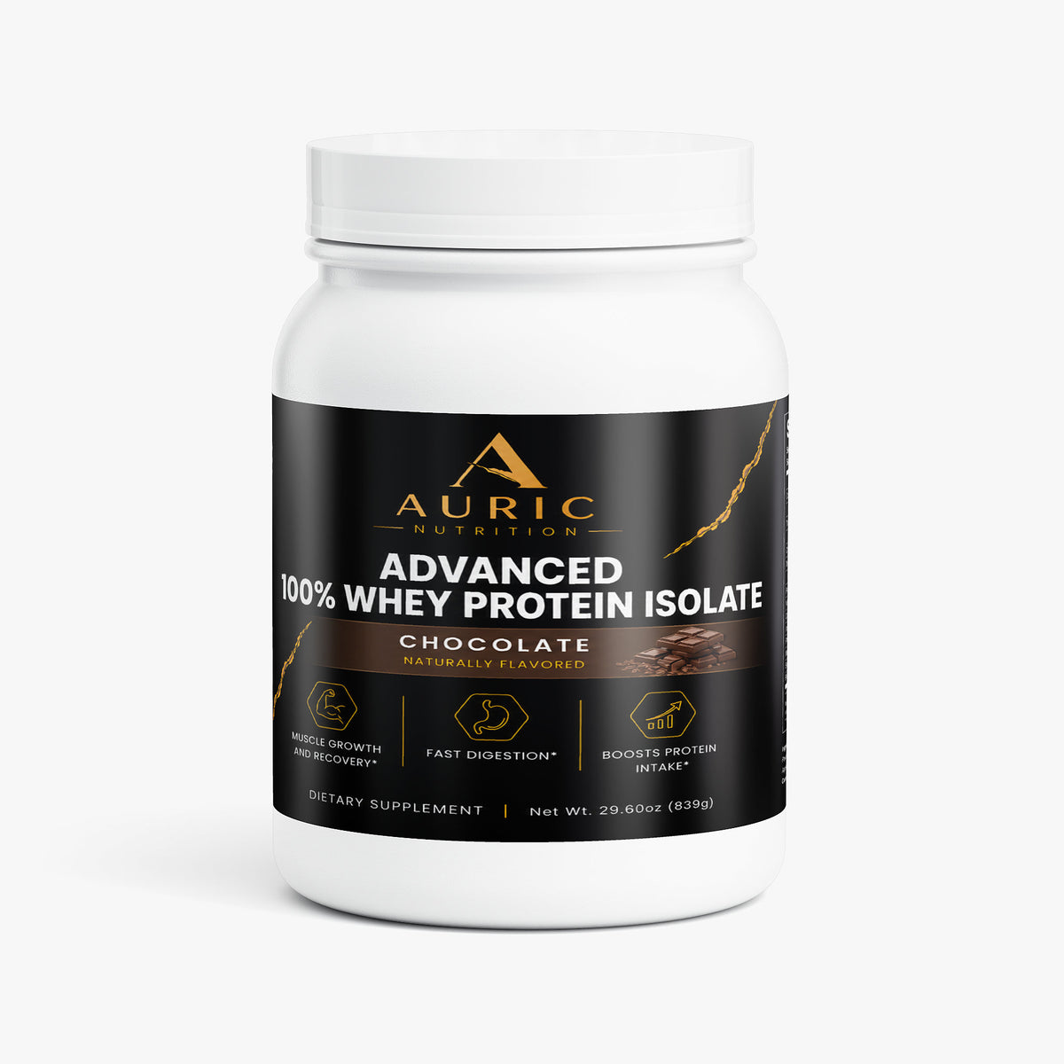Auric Whey Isolate chocolate protein powder canister front label